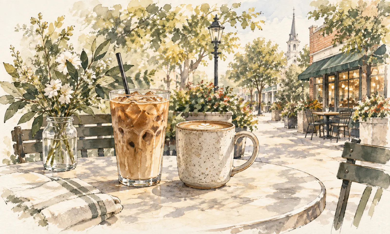 An iced coffee and a mug