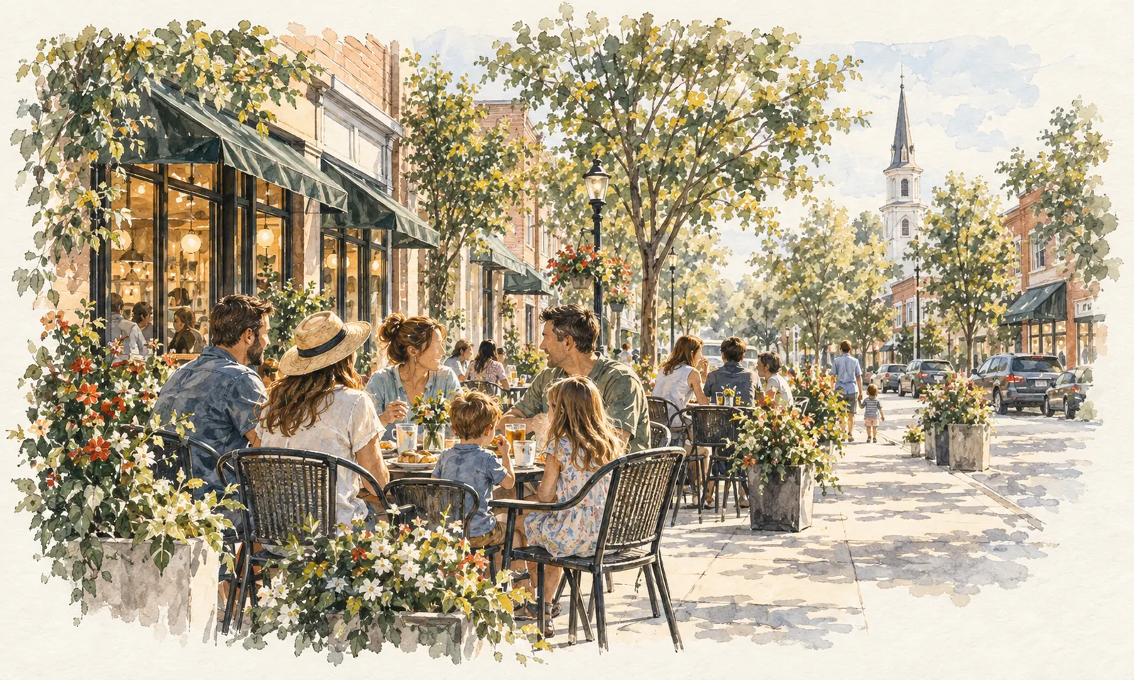 Friends around an outdoor table on Main Street